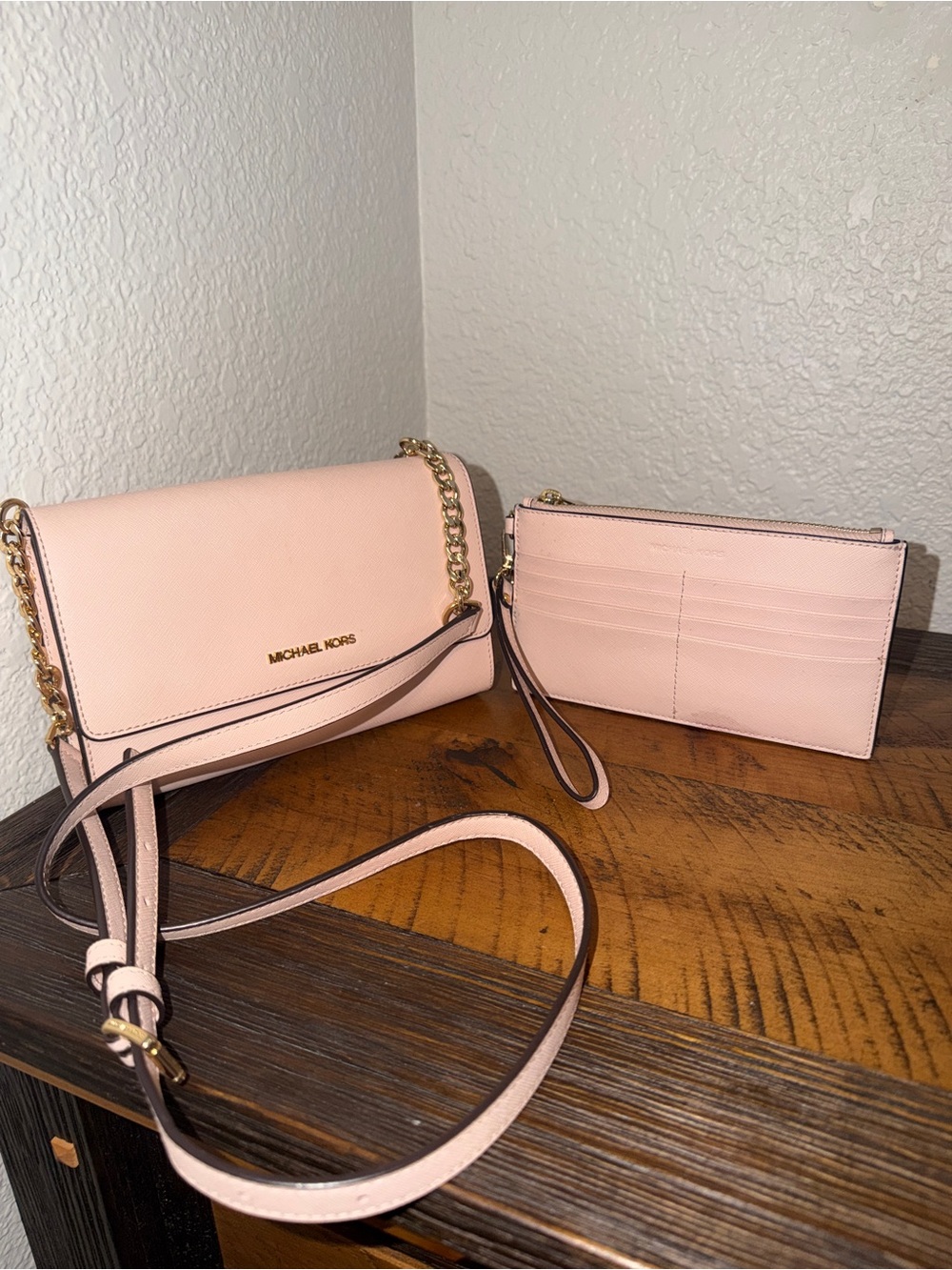 Michael Kors Blush Pink Saffiano Leather Crossbody with Wristlet Card Case